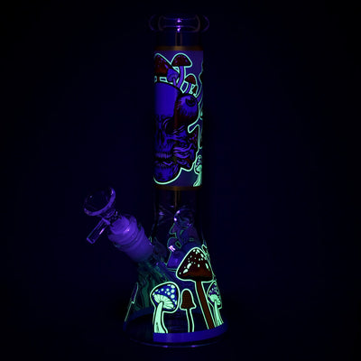 Monsters And Shrooms Glow Glass Beaker Water Pipe - 10" / 14mm F / Designs Vary - Headshop.com
