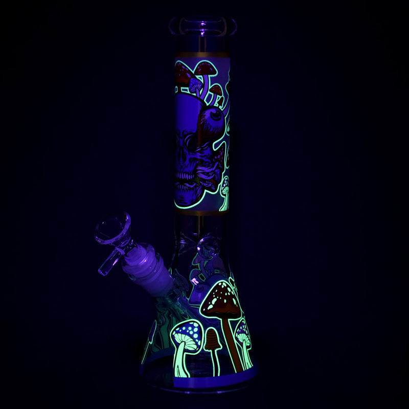 Monsters And Shrooms Glow Glass Beaker Water Pipe - 10" / 14mm F / Designs Vary - Headshop.com