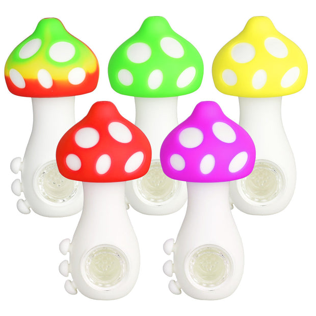 Mushroom Silicone Hand Pipe w/ Glass Bowl - 4.25"/Colors Vary - Headshop.com