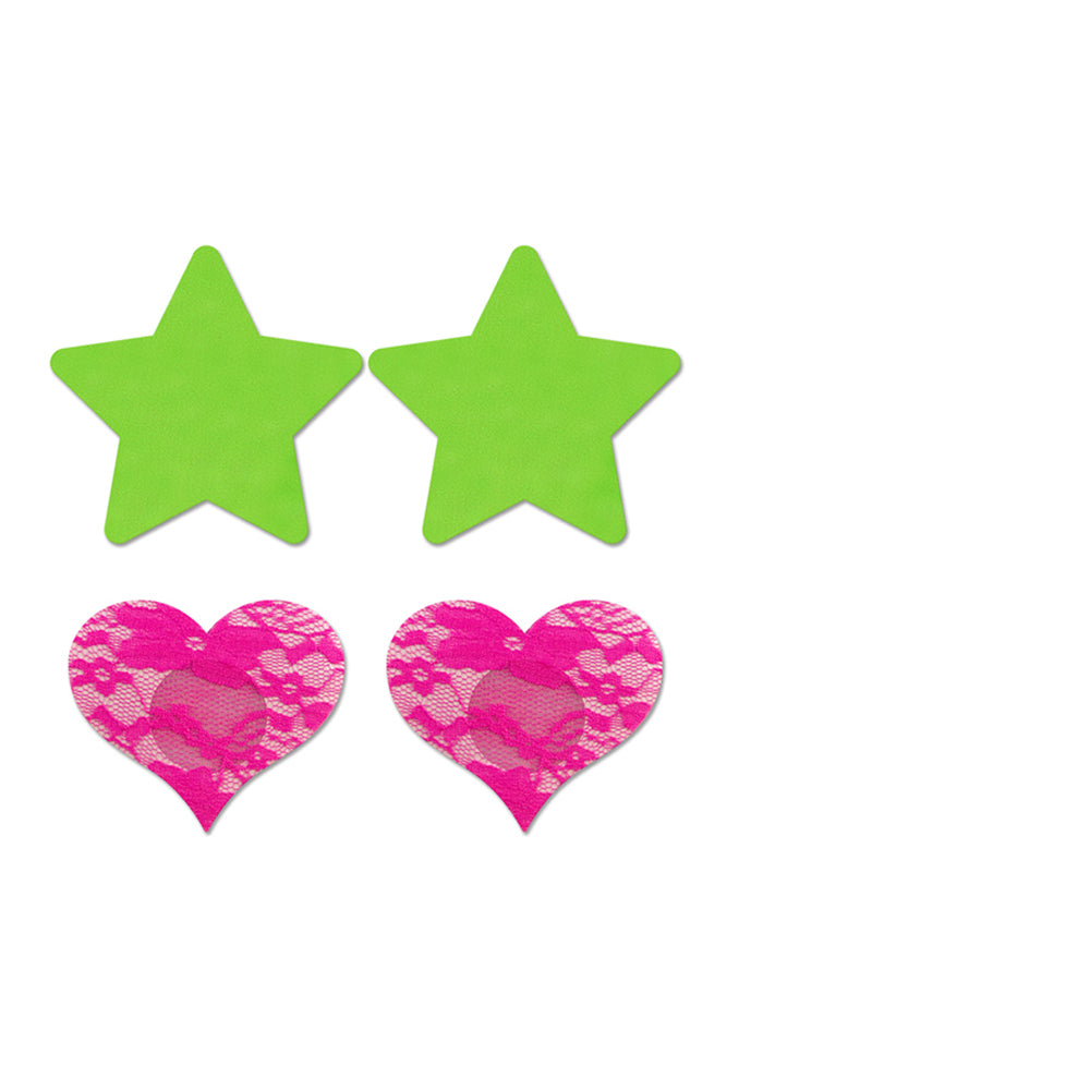 Fantasy Lingerie Neon Pasties 2-Pack Solid Neon Green Star & Neon Pink Lace Heart - Headshop.com