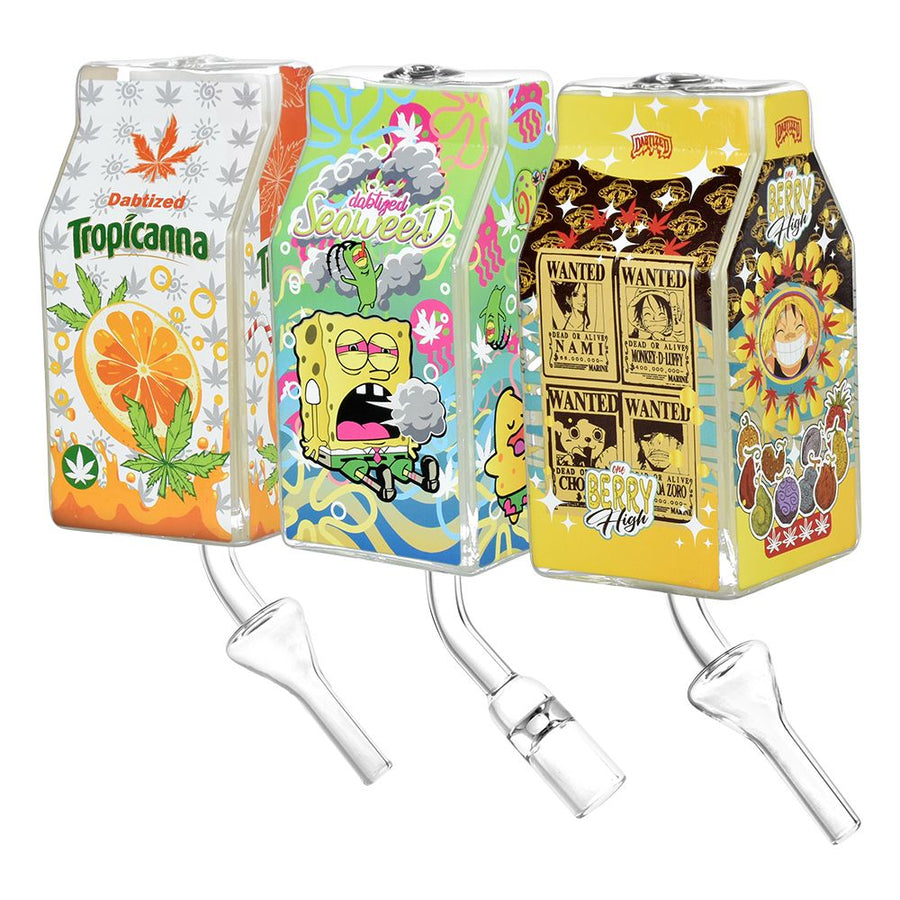 Dabtized Juice Carton Bubbler Dab Straw & Dry Herb Pipe - 7" / 10mm F / Assorted Designs - Headshop.com