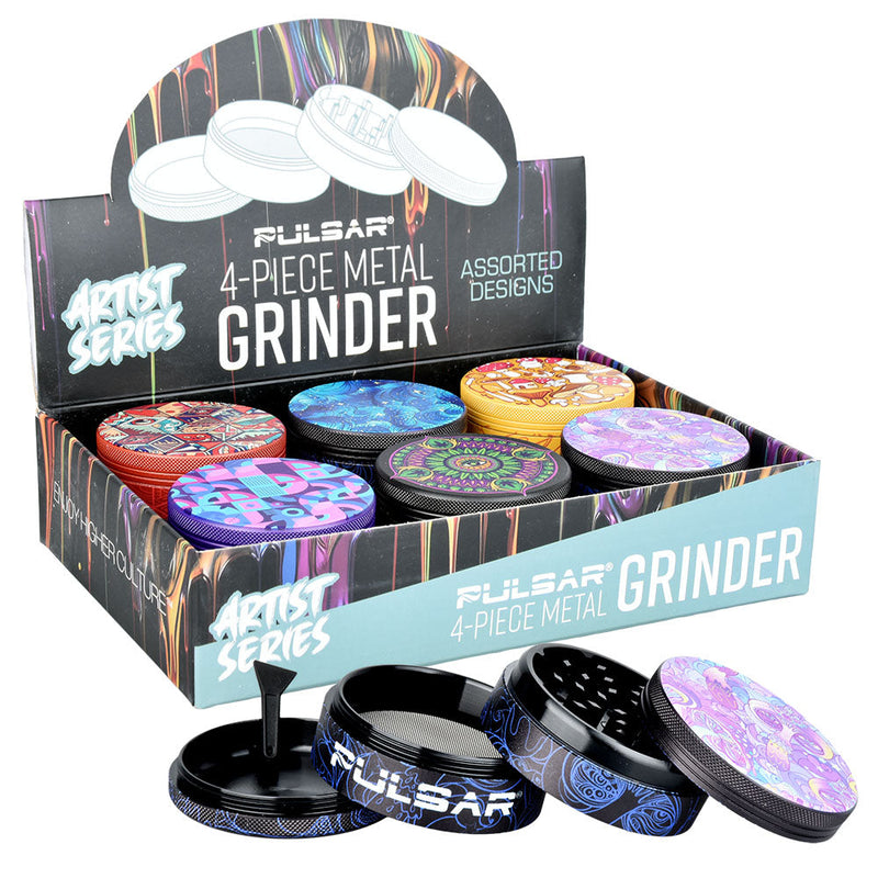 6PC DISP-Pulsar Artist Series Grinder with Side Art- 4pc /2.5"/Asst Designs - Headshop.com