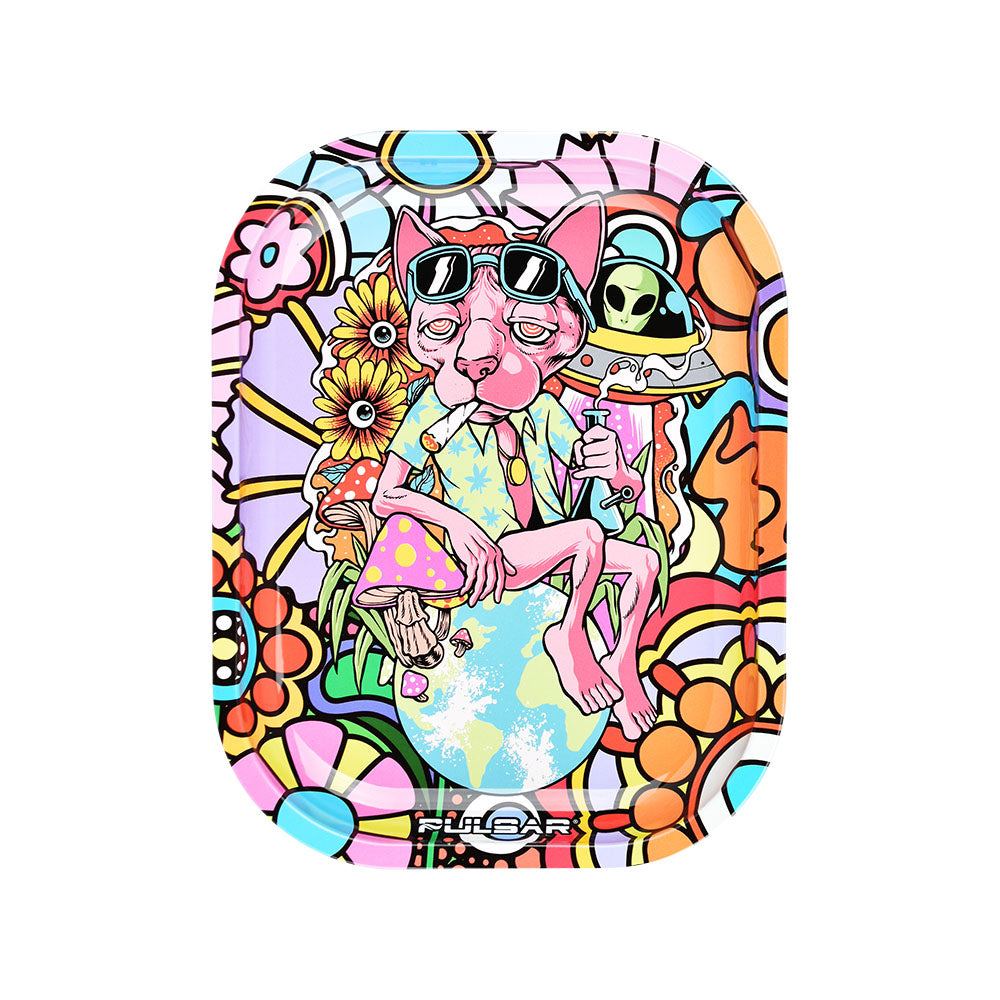 Pulsar Mini Metal Rolling Tray w/ Lid - Chill Cat / 7"x5.5" - Headshop.com