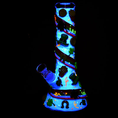 St. Patrick's Day Rainbows and Gold Glow In The Dark Water Pipe - 10" / 14mm F - Headshop.com