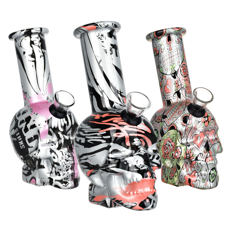 Skull Printed Design Glass Mini Water Pipe - 5.75" / Colors Vary - Headshop.com