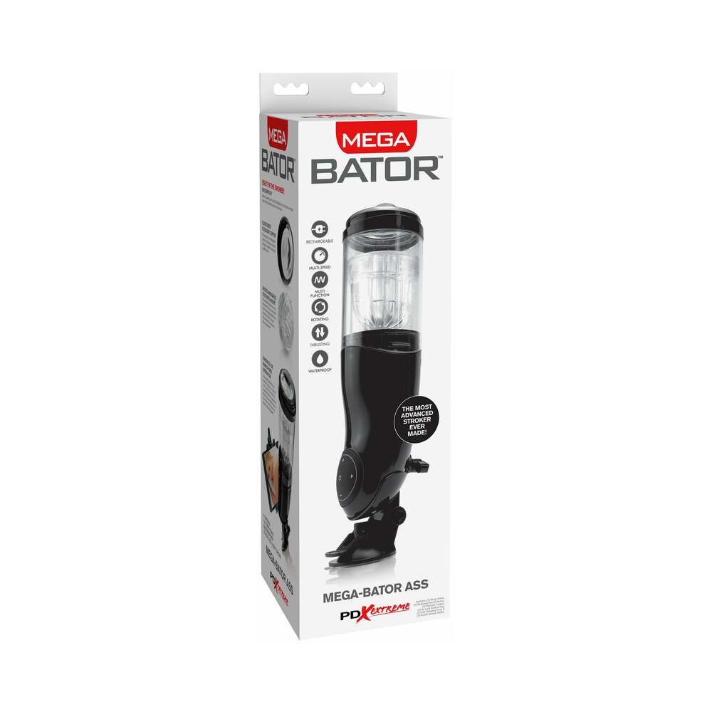 PDX Mega-Bator Ass Rechargeable Rotating Thrusting Stroker With Hands-Free Suction Cup Clear/Black - Headshop.com