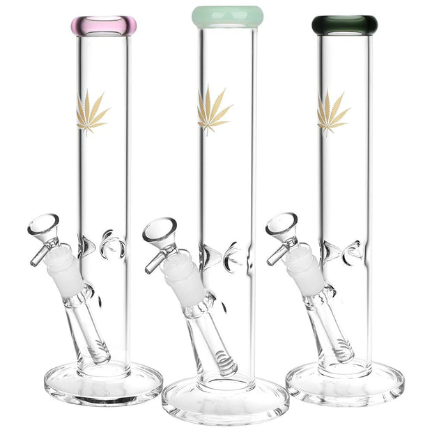 Gold Hemp Leaf Straight Tube Water Pipe - 12" / 14mm F - Headshop.com