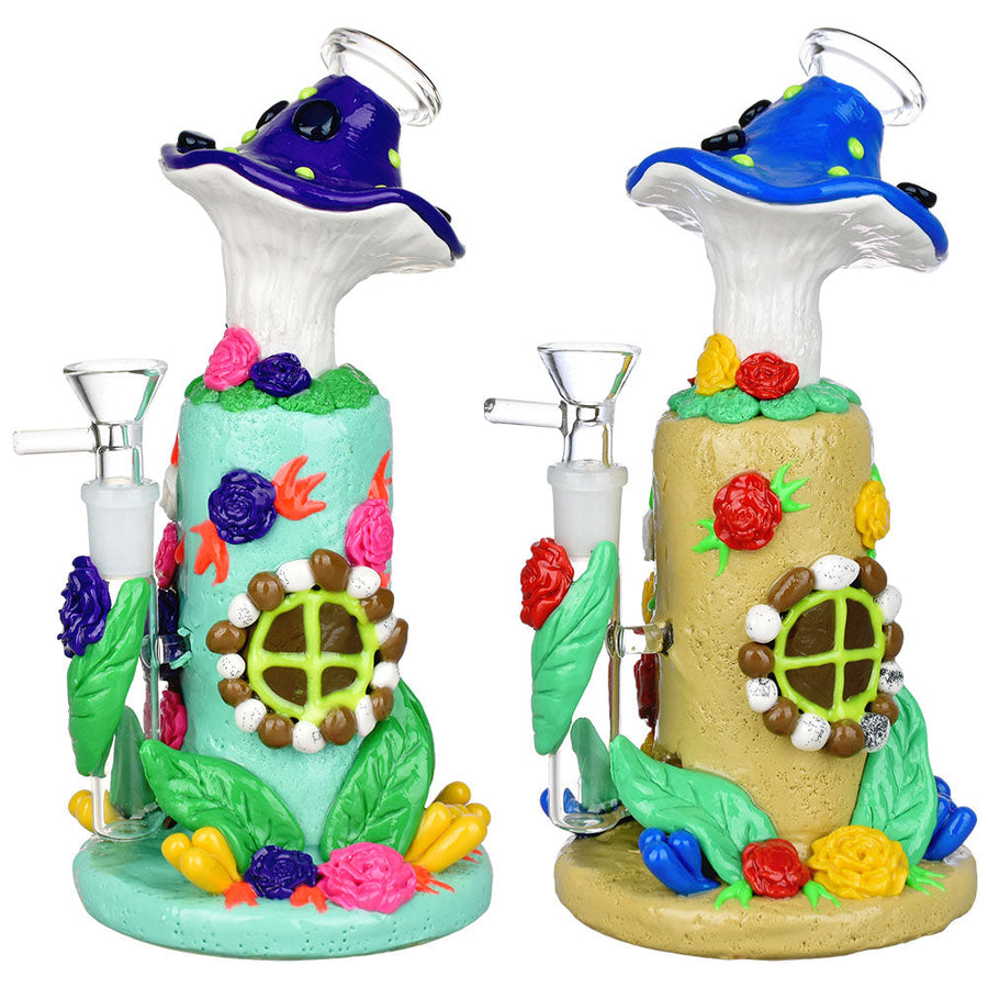 Flower And Shroom Cottage Glow Water Pipe - 9" / 14mm F / Colors Vary - Headshop.com