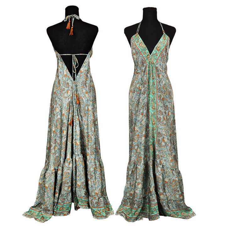 Halter Top Tie Front Silk Full Length Dress - Headshop.com