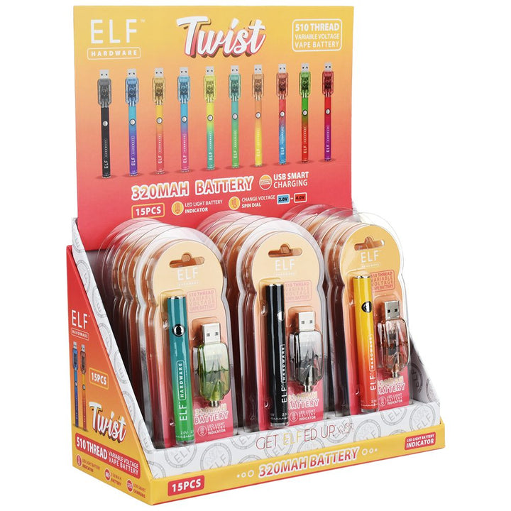 15CT DISPLAY - ELF Hardware Twist 510 Cart Vape Battery - 320mAh / Assorted Colors - Headshop.com