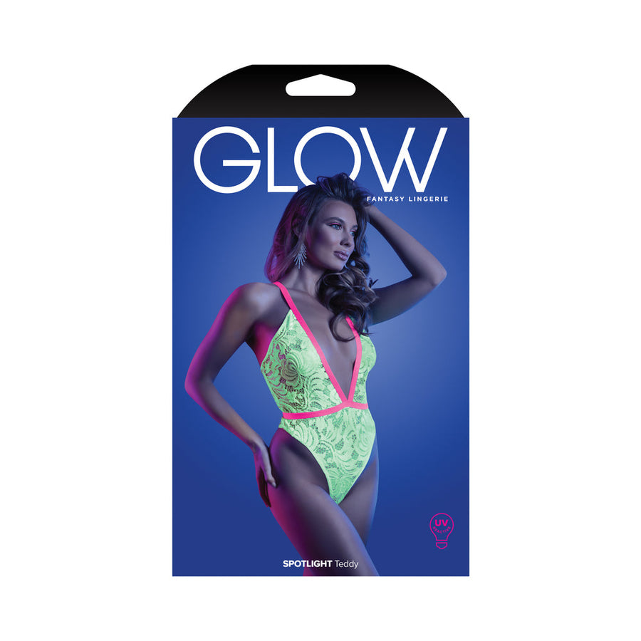 Fantasy Lingerie Glow Spotlight Contrast Elastic Lace Teddy with Snap Closure Neon Green S/M - Headshop.com