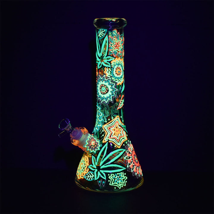 Mandala Hemp Leaf Beaker Water Pipe - 12.75"/14mm F - Headshop.com