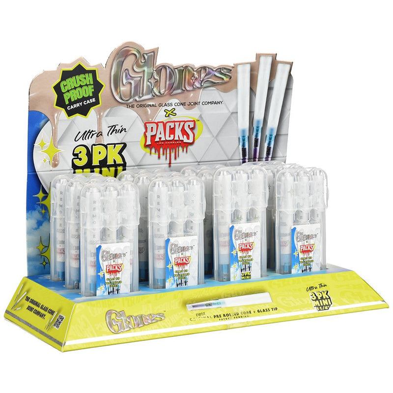 12CT DISPLAY - Glones x Packs Pre-Rolled Cones + Glass Tips - Ultra Thin / 3pc / 1 1/4