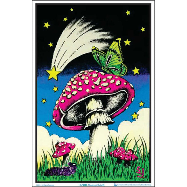 Mushroom Butterflies Blacklight Poster - 23" x 35" - Headshop.com