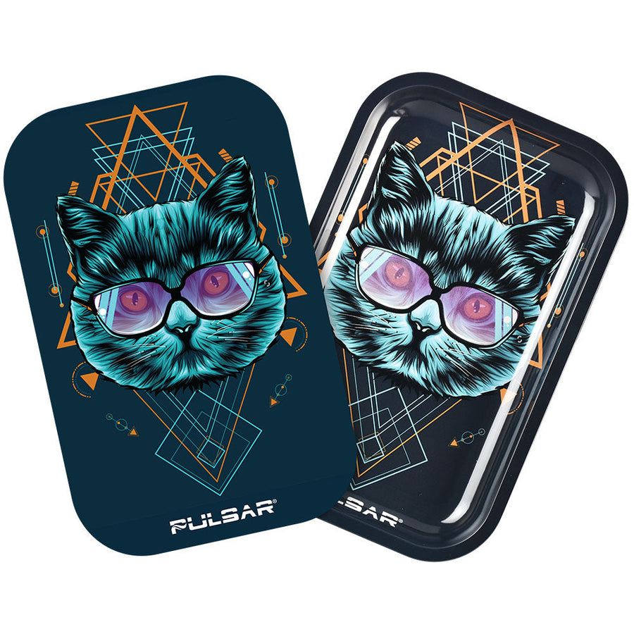 Pulsar Metal Rolling Tray w/ 3D Lid - 11"x7" / Sacred Cat Geometry Glow - Headshop.com