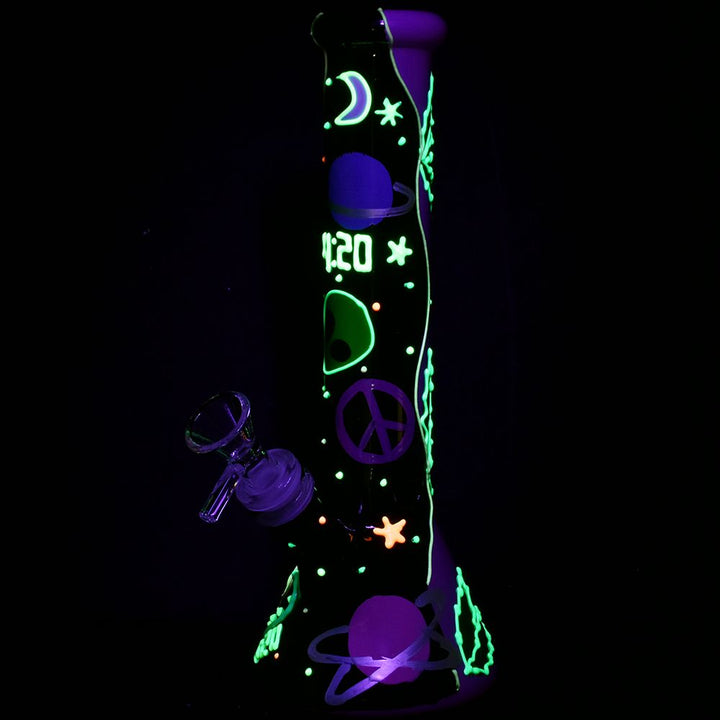 420 Beam Me Up Beaker Glow In The Dark Glass Water Pipe - 9.5" / 14mm F - Headshop.com
