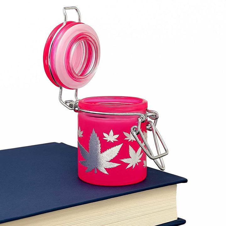 AIRTIGHT GLASS SILVER LEAVES STASH JAR WITH CLAMP LID
