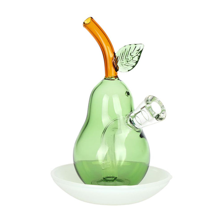 Perfect Pear on Dish Glass Cone Bubbler - 4.5" / Green