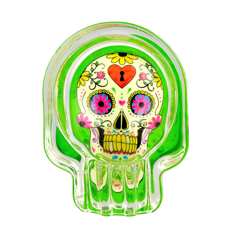 6PC DISPLAY - Sugar Skull Glass Ashtray - 2.75"x3.75" - Headshop.com