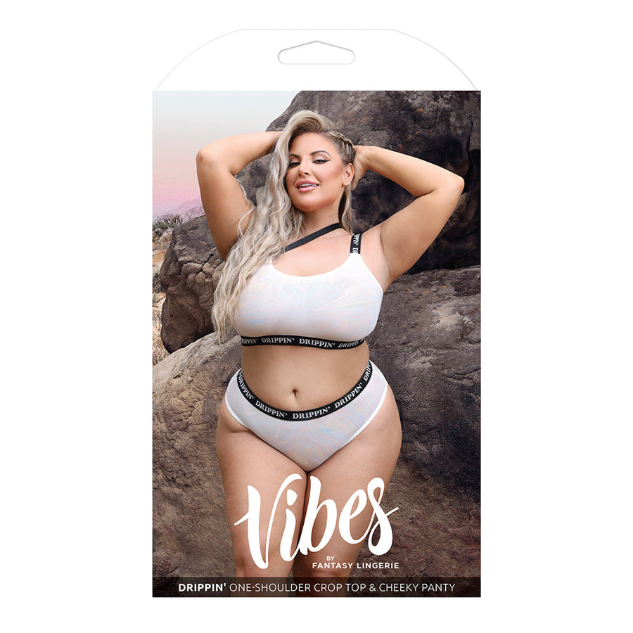 Fantasy Lingerie Vibes Drippin' Iridescent Strappy One-Shoulder Top & Panty Pearl White Queen - Headshop.com