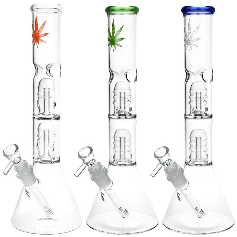 Double Stacked Hemp Leaf Beaker Water Pipe - 12" / 14mm F / Colors Vary - Headshop.com