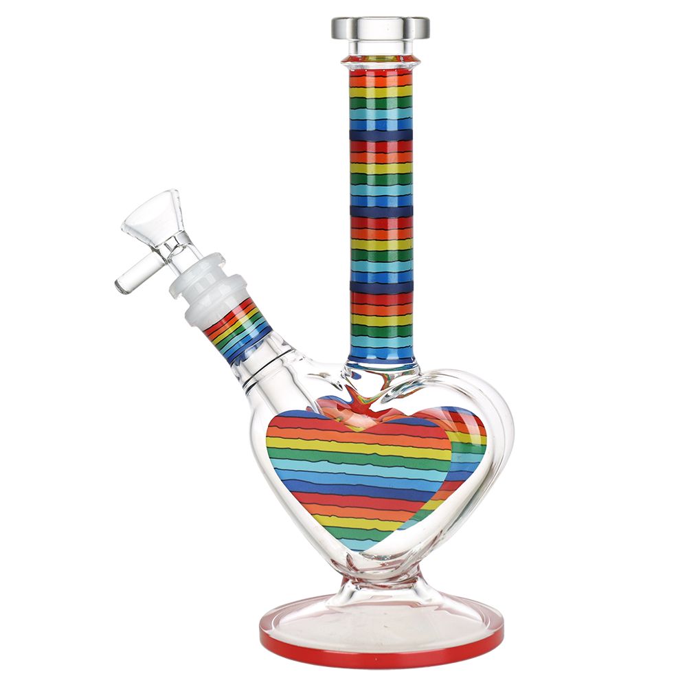 Rainbow Striped Heart Glass Water Pipe - 8.5" / 14mm F - Headshop.com
