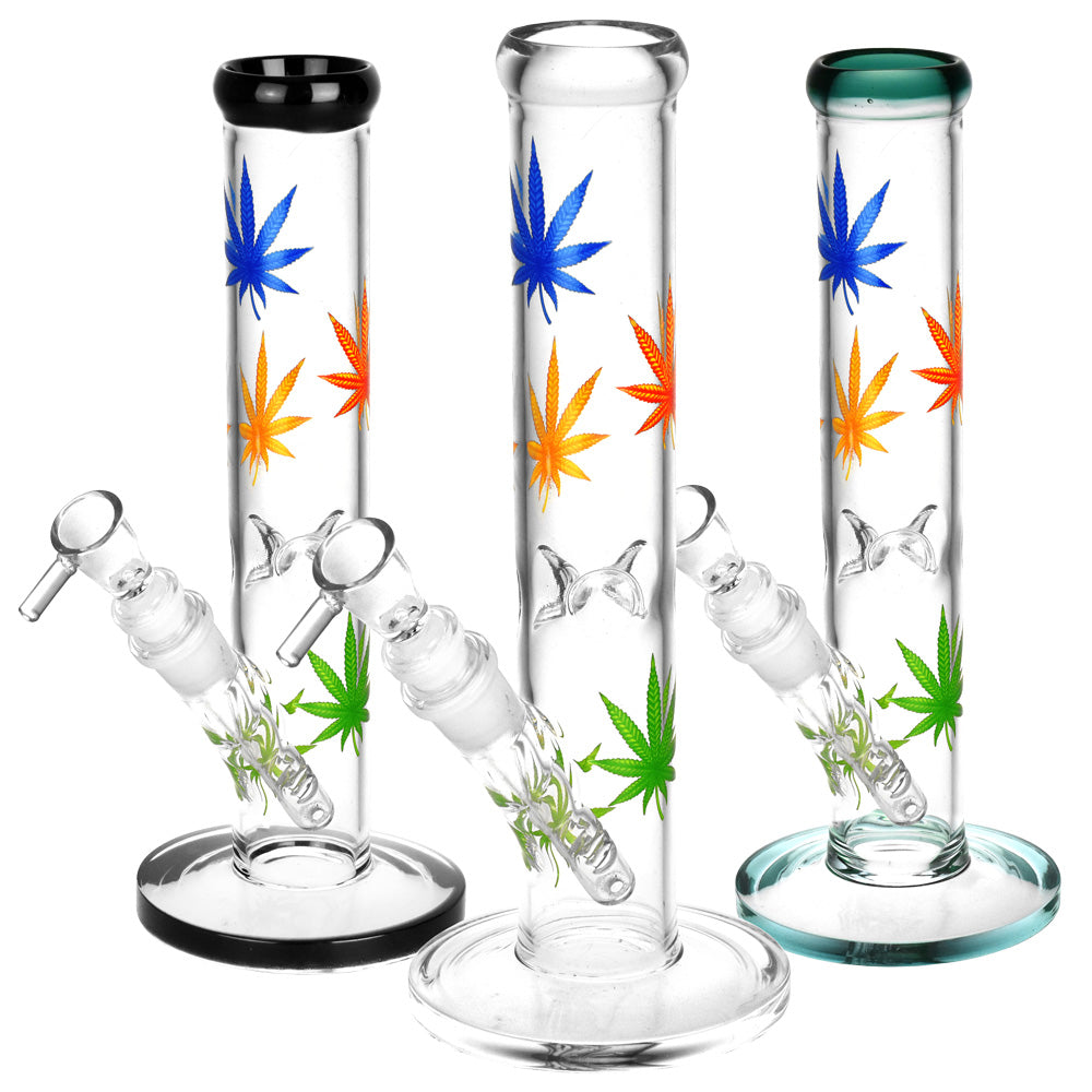 Hemp Leaf Straight Tube Water Pipe - 9.75"/14mm F/Clrs Vry - Headshop.com