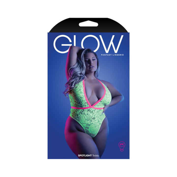 Fantasy Lingerie Glow Spotlight Contrast Elastic Lace Teddy with Snap Closure Neon Green Queen Size - Headshop.com