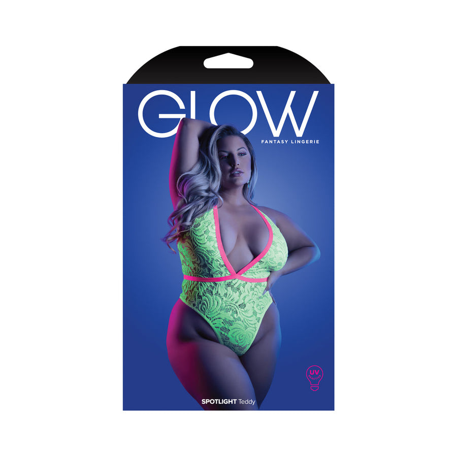 Fantasy Lingerie Glow Spotlight Contrast Elastic Lace Teddy with Snap Closure Neon Green Queen Size - Headshop.com