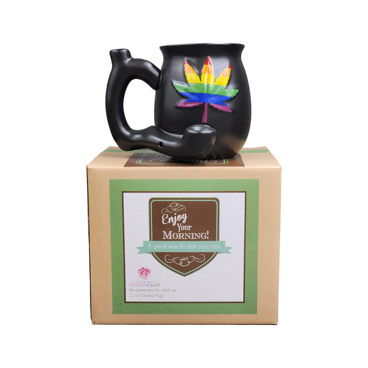 embossed leaf matt black mug - rainbow leaf - Headshop.com