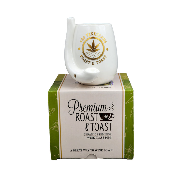 Stemless Wine Glass Pipe White with Gold Logo - Headshop.com