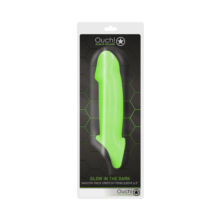 Ouch! Glow in the Dark Smooth Thick Stretchy 6.3 in. Penis Sleeve with Foreskin Details Neon Green - Headshop.com