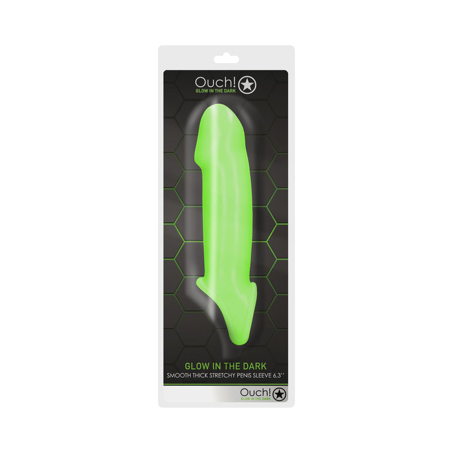 Ouch! Glow in the Dark Smooth Thick Stretchy 6.3 in. Penis Sleeve with Foreskin Details Neon Green - Headshop.com