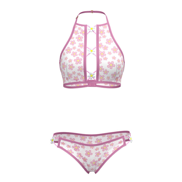 Magic Silk Daisy Halter Bralette & Panty Set Daisy Print Queen Size