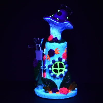 Flower And Shroom Cottage Glow Water Pipe - 9" / 14mm F / Colors Vary - Headshop.com