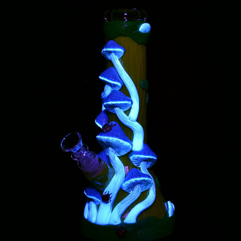 Mushroom Madness Glow in Dark Glass Beaker Water Pipe - 10" /14mm F/ Colors Vary - Headshop.com