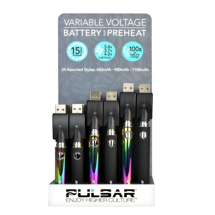 24PC DISP - Pulsar Variable Voltage Pen Batteries - Asst mAh - Headshop.com