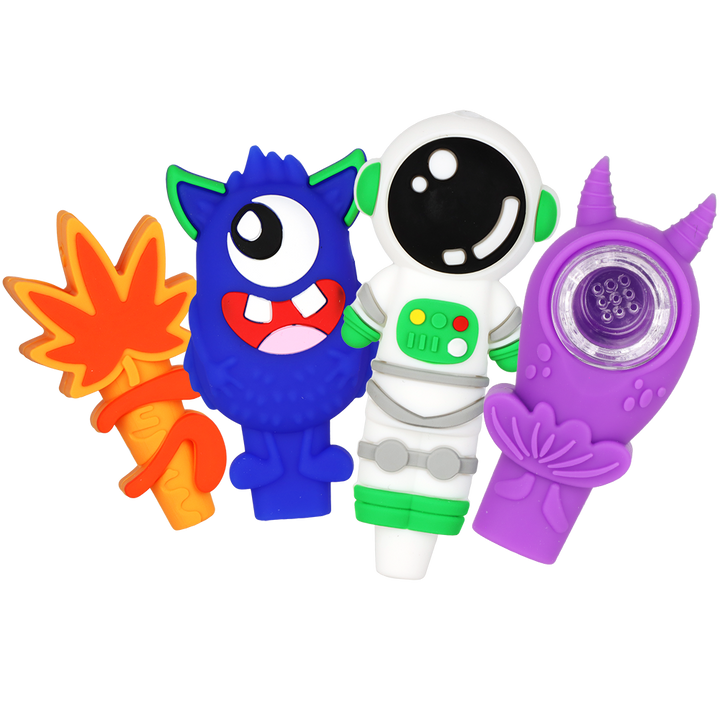 18CT DISPLAY - Cool Characters Silicone Hand Pipe - 3"- 4.25" / Assorted Colors & Characters