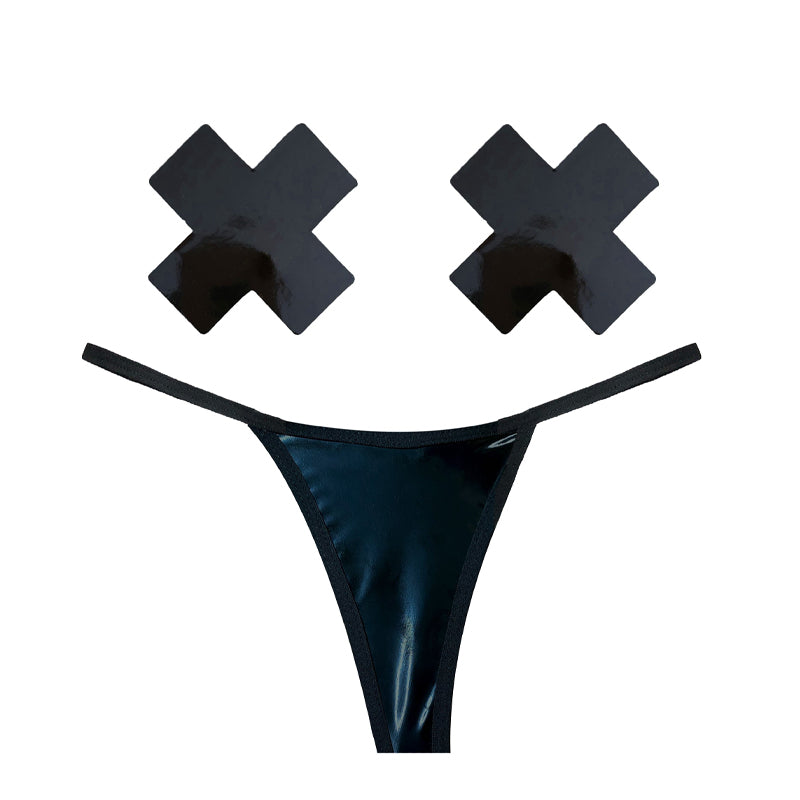 Neva Nude DOM Squad Black Wet Vinyl G-String Naughty Knix Pasties & Panties Set - Headshop.com