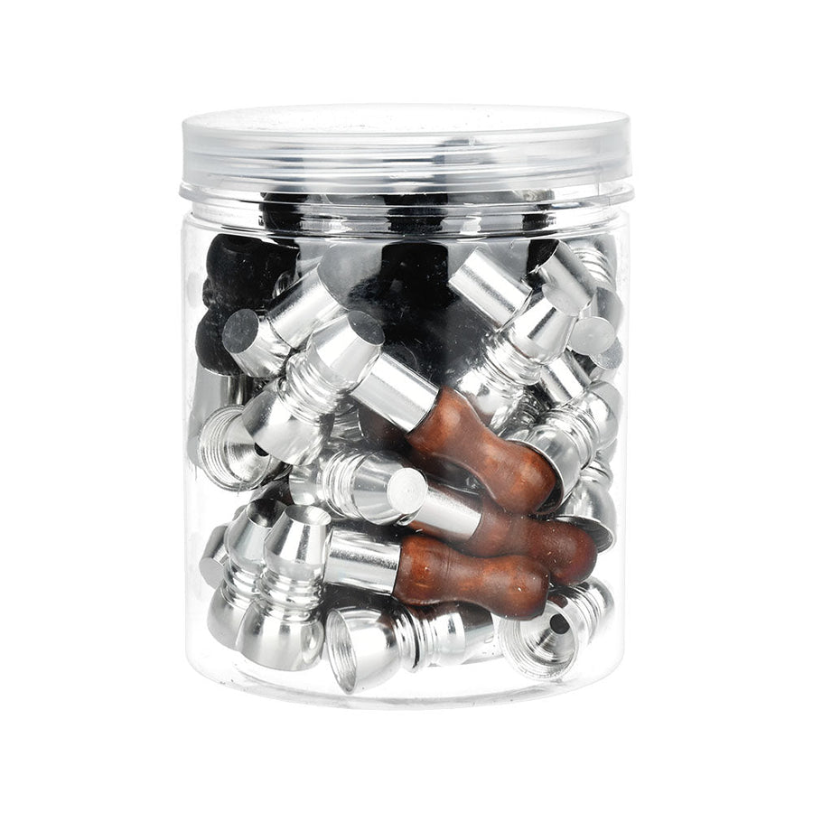 30PC JAR - Mini Metal Hand Pipe w/ Wooden Mouthpiece - 2" / Assorted Colors - Headshop.com