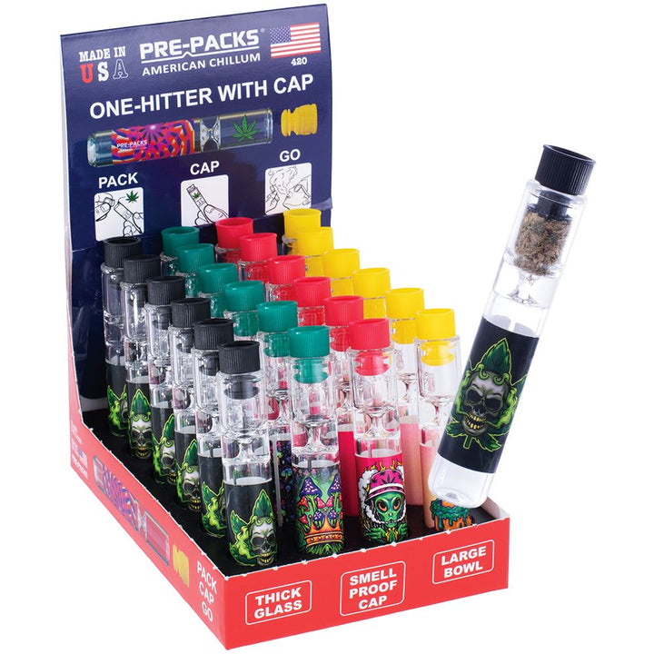 24CT DISPLAY - PRE-PACKS American Chillum One-Hitter with Smellproof Cap - 3.5" / Assorted Designs - Headshop.com