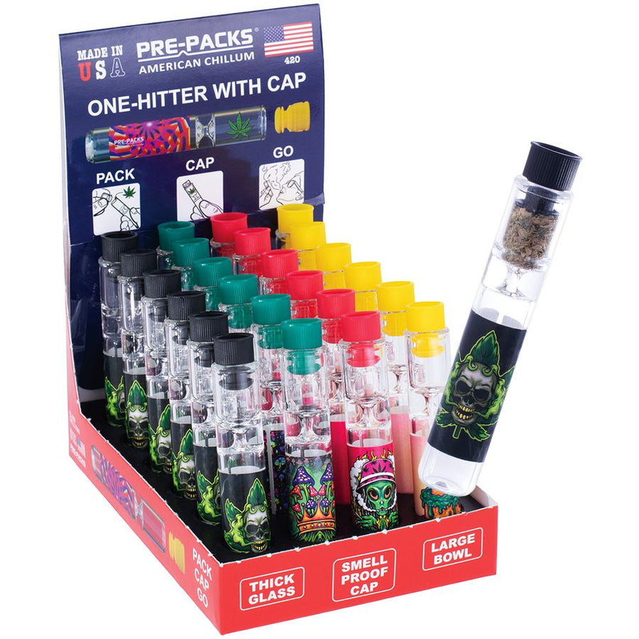 24CT DISPLAY - PRE-PACKS American Chillum One-Hitter with Smellproof Cap - 3.5" / Assorted Designs - Headshop.com