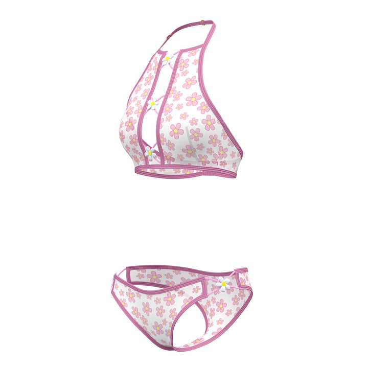 Magic Silk Daisy Halter Bralette & Panty Set Daisy Print Queen Size
