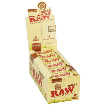 12PC DISP- RAW Organic Hemp Rolls Rolling Paper -3m/King Size Wide - Headshop.com
