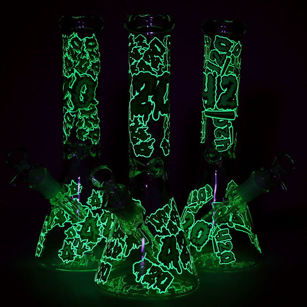 420 Clouds Glow In The Dark Beaker Glass Water Pipe - 10" / 14mm F / Colors Vary - Headshop.com
