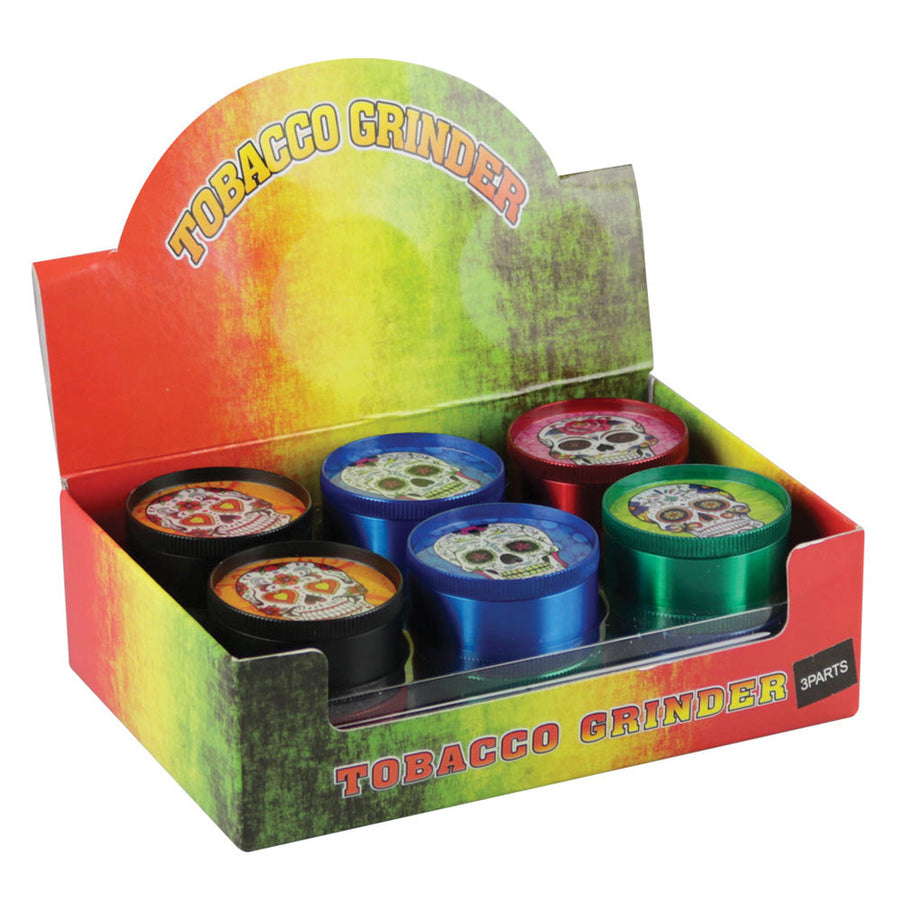 12 PC DISPLAY - 2" 3pc DOTD Sugar Skull Grinder - Assorted Colors - Headshop.com