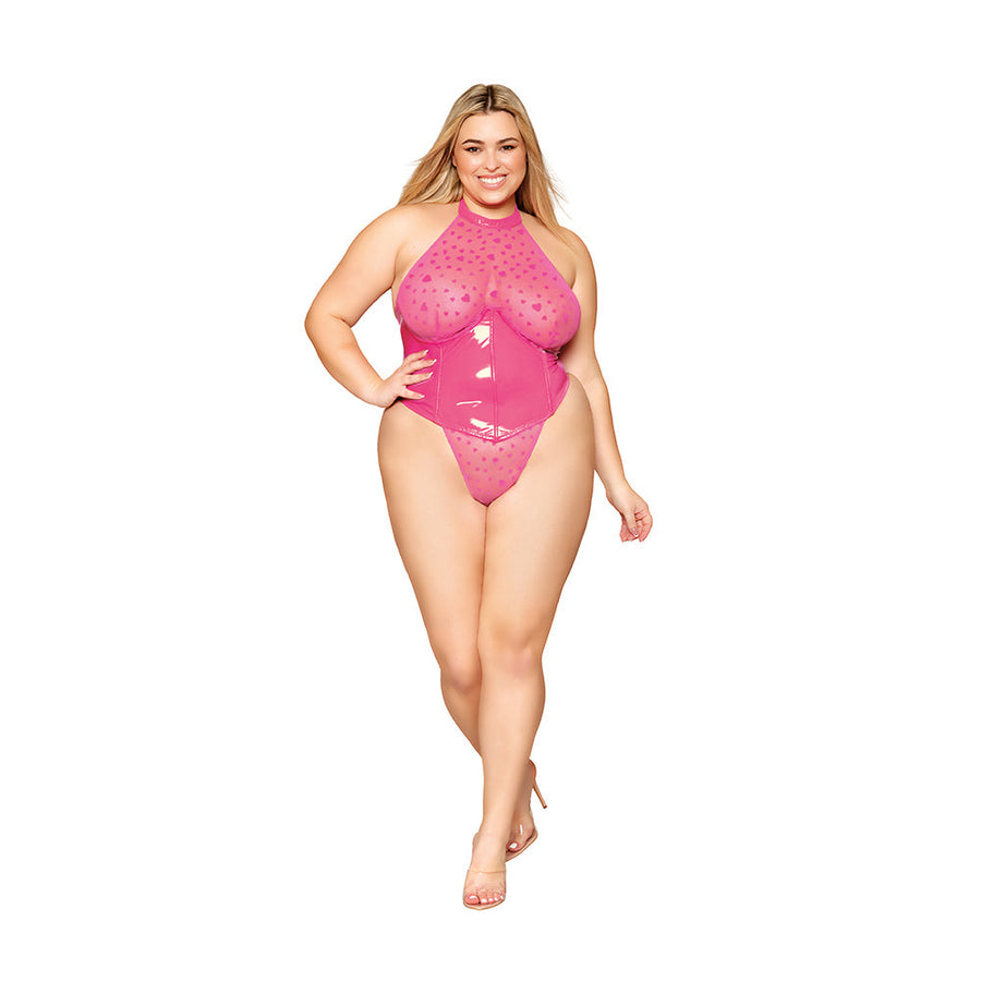 Dreamgirl Flocked Heart Stretch Mesh and Stretch Vinyl Halter Teddy Peony 1XL - Headshop.com