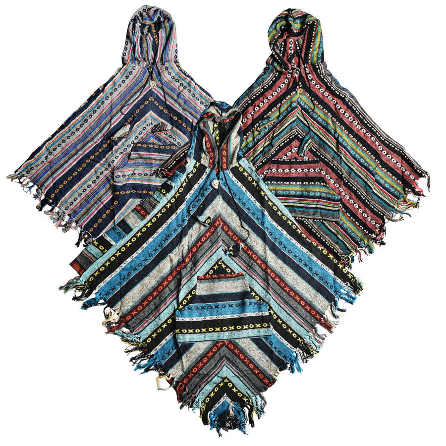Southwest Cotton Hooded Poncho w/ Pockets - 37"/Clrs Vary - Headshop.com