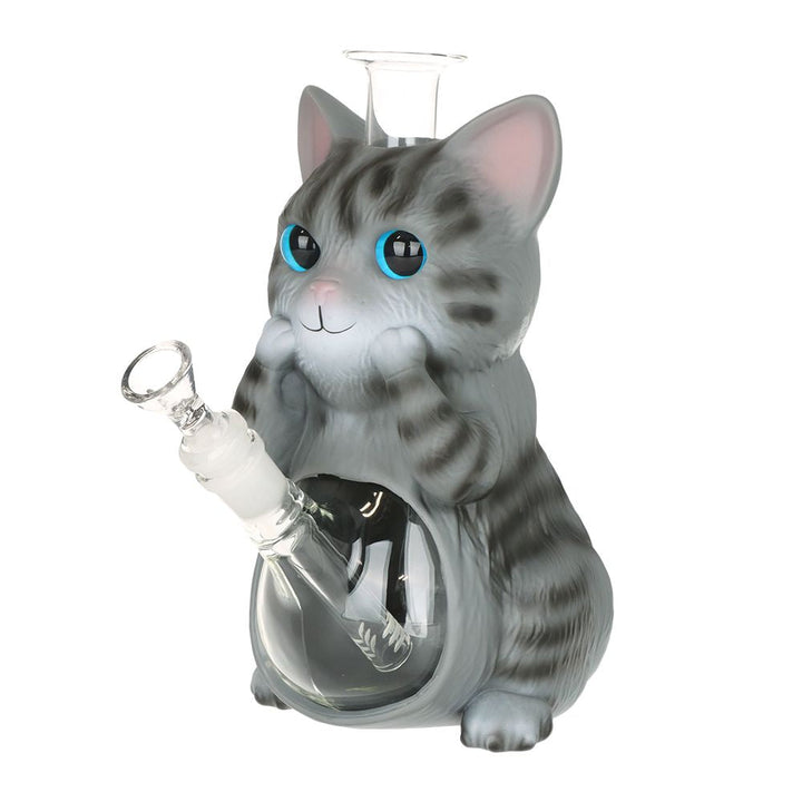 Grey Tabby Cat Glass & Vinyl Water Pipe - 9" / 14mm F