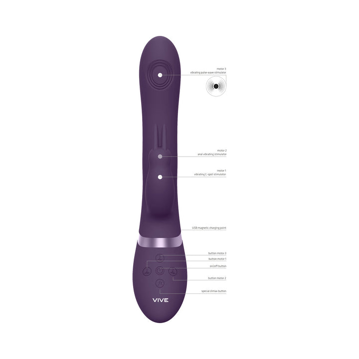 VIVE RINI Rechargeable Triple-Motor Pulse-Wave Dual Entry Silicone Rabbit Vibrator Purple - Headshop.com